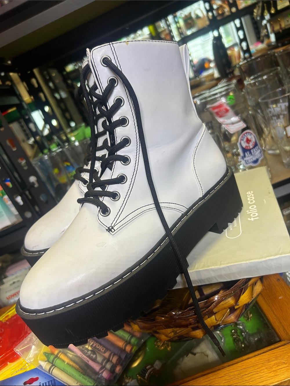 Divided White Lace-Up Platform Boots with Black Laces